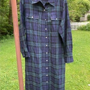 Lauren Ralph Lauren Vintage Blue and Green Long Sleeve Linen Shirt Dress